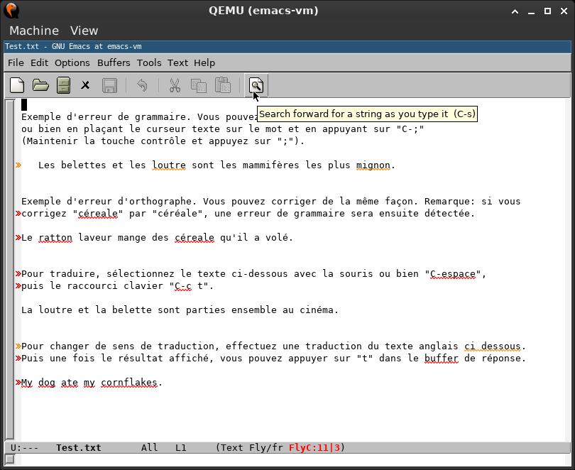 Erreurs de grammaire et orthographe soulignées dans Emacs.